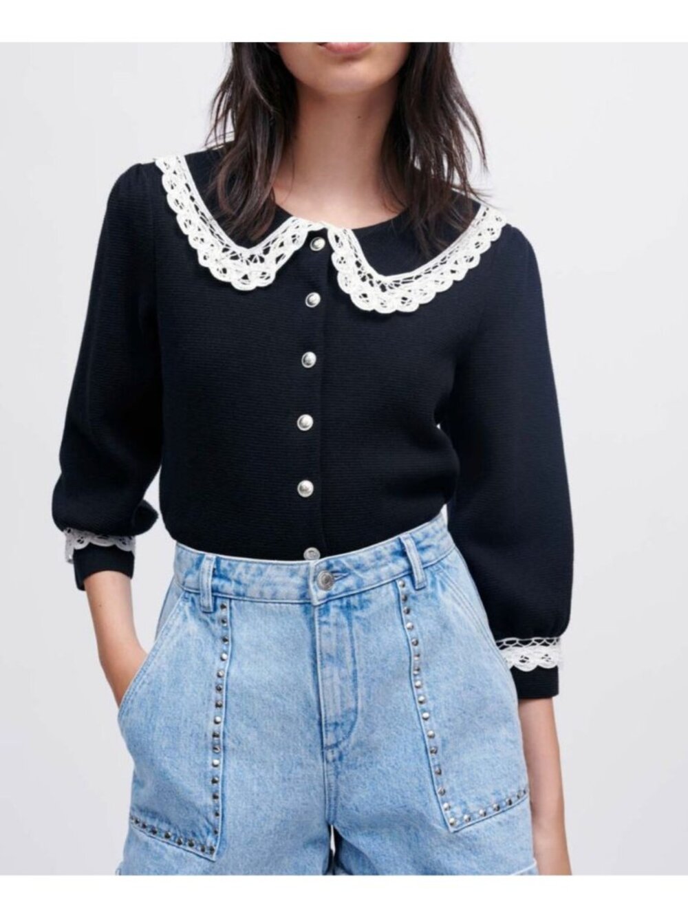 Maje Mirandal Black  knit cardigan with large contrast collar Romantic Large